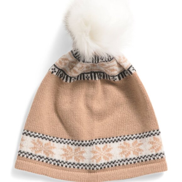 NEW Hannah Rose Merino Wool Snowflake Hat with Faux Pom Pom Camel 267mn - Picture 3 of 5